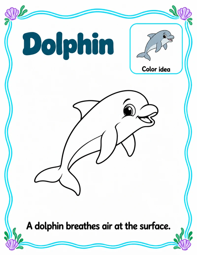 Dolphin coloring page with name and short reading sentence