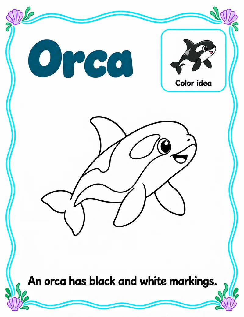 Orca coloring page with name and short reading sentence