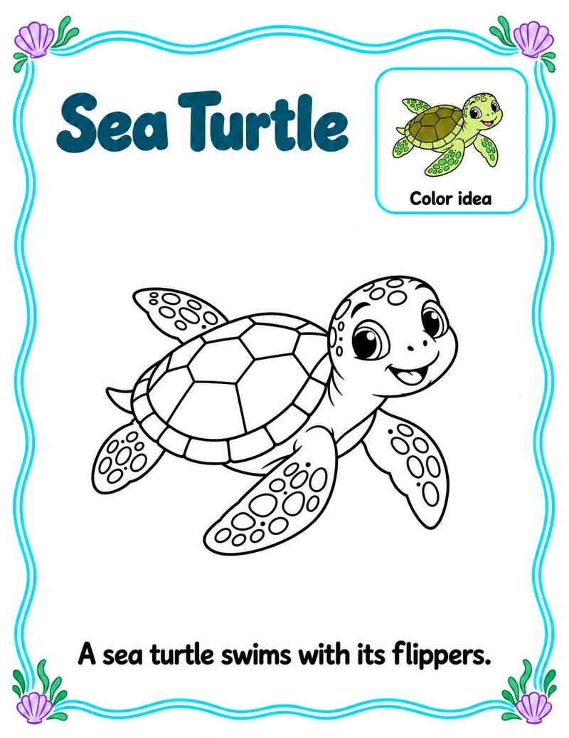 Sea Turtle coloring page with name and short reading sentence